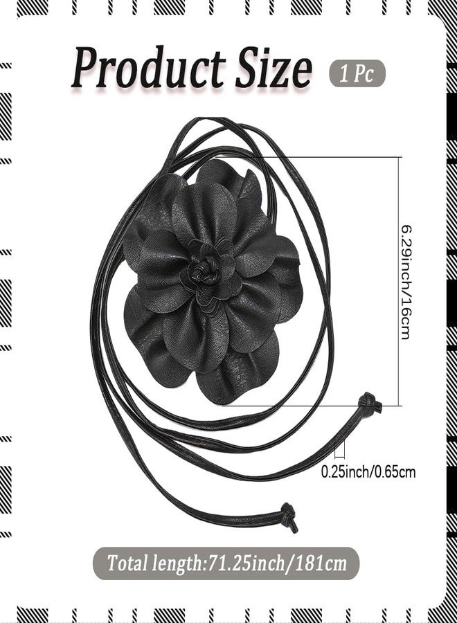 CALFOVERA 0.3 Inch PU Leather Skinny Waist Belt Black Boho Flower Leather Rope Tassel Waistband Thin Elegantes Big Flower Decor Belts Slim Waist Strap Band for Women Dress Shirts Wedding - Image 3